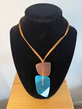 Pendant Necklace with Blue and Amber Resin Stones on Tan Cord